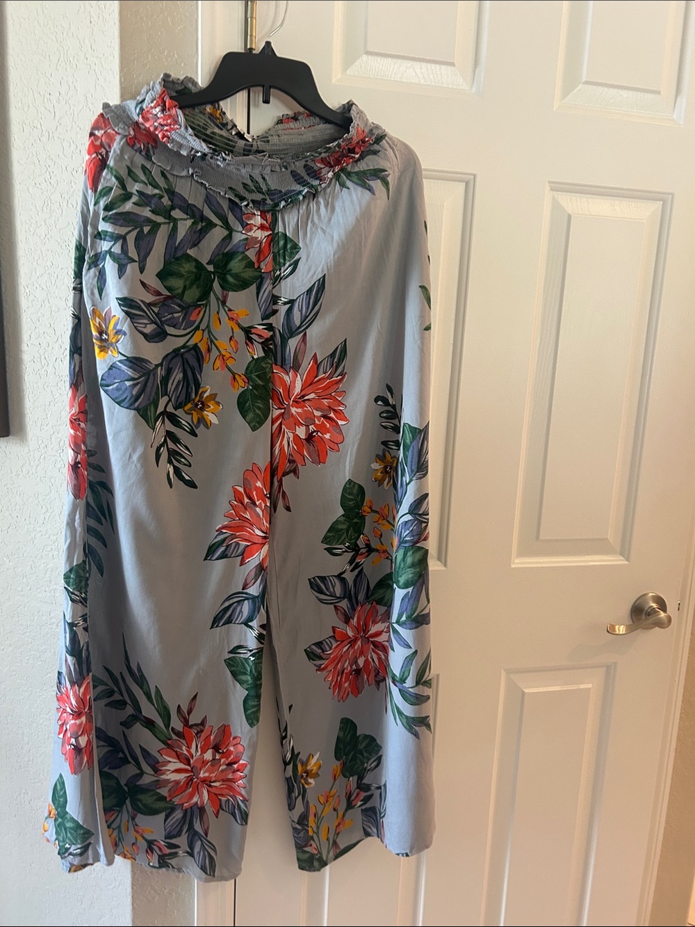Patrons of Peace Light Blue Floral Smocked Waist Dress with Coral Accents